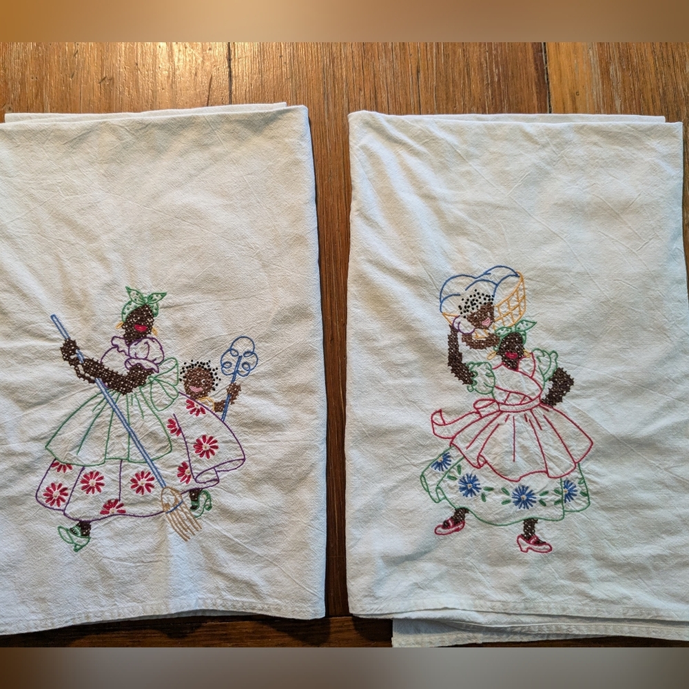 Vintage Black Americana Tea Towel pair cross stitch charming kitchen